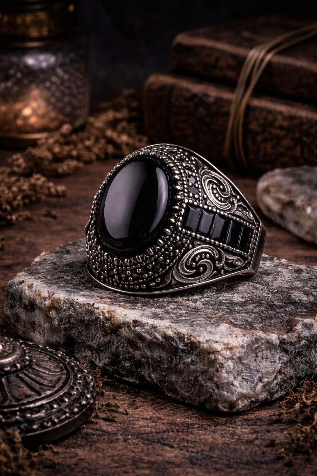 925 AYAR OVAL ONİKS TAŞLI  MOTİFLİ ERKEK GÜMÜŞ YÜZÜK