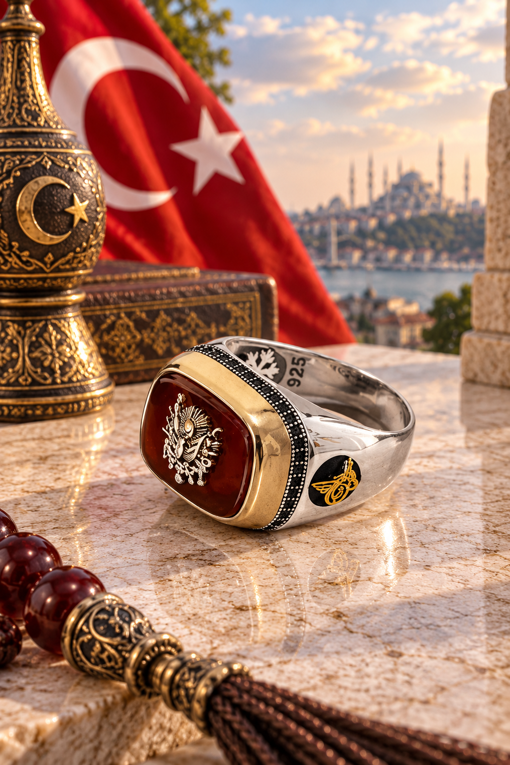 925 AYAR ÖZEL TASARIM AKİK TAŞLI OSMANLI DEVLET ARMASI ERKEK GÜMÜŞ YÜZÜK