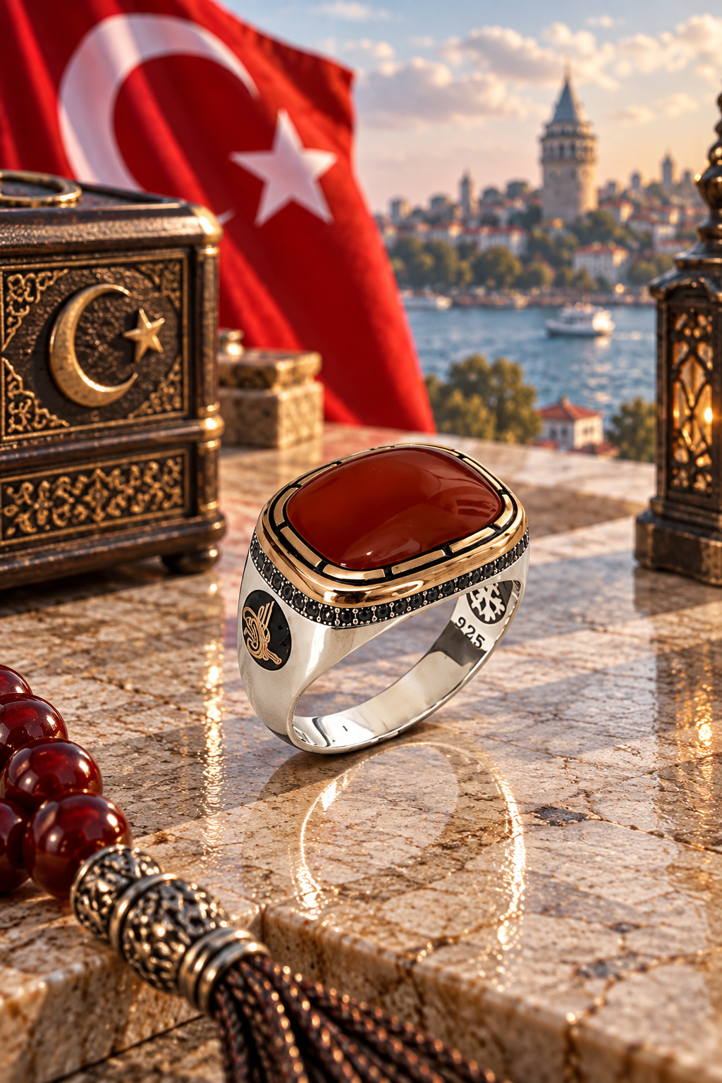 925 AYAR  ÖZEL TASARIM AKİK TAŞLI TUĞRA FİGÜRLÜ ERKEK  GÜMÜŞ YÜZÜK