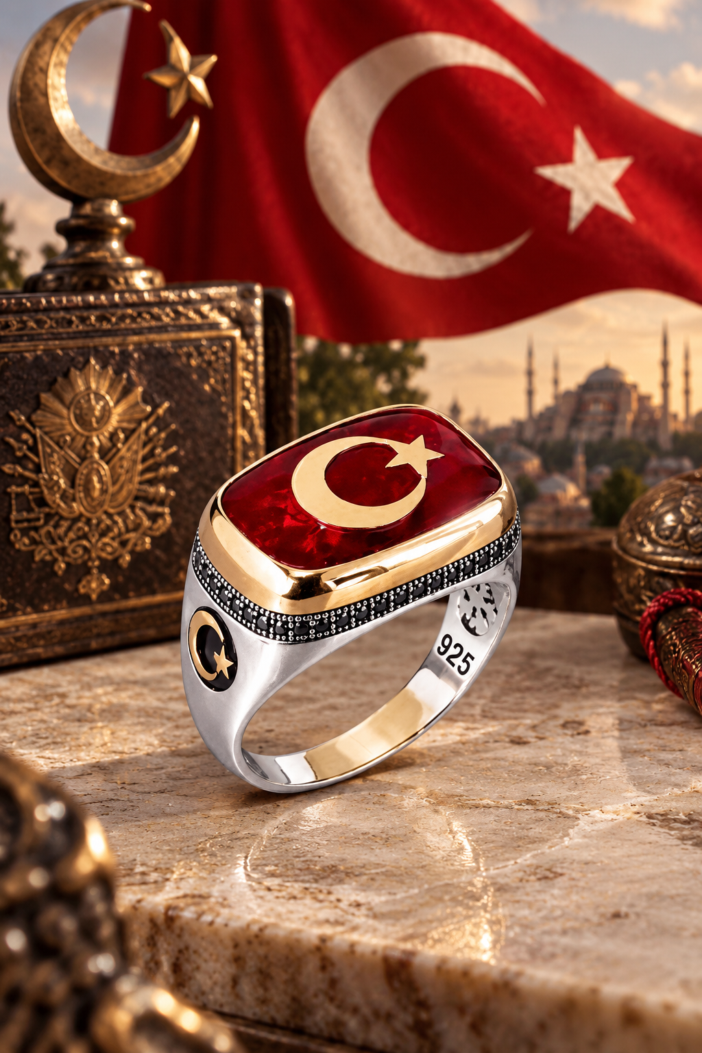 925 AYAR ÖZEL TASARIM KIRMIZI MİNELİ AYYILDIZLI ERKEK GÜMÜŞ YÜZÜK