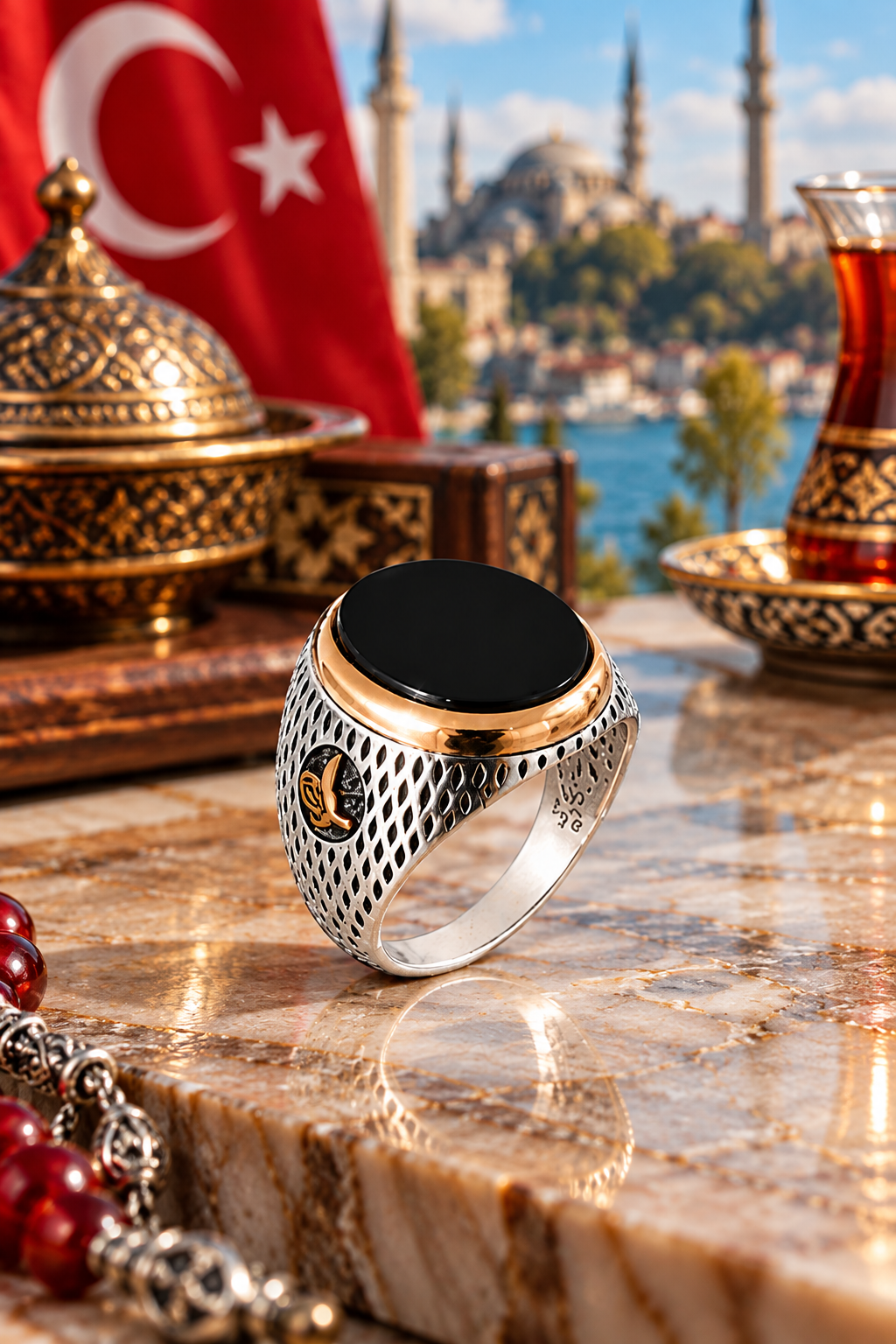 925 AYAR ÖZEL TASARIM  OVAL ONİKS TAŞLI MOTİFLİ ERKEK GÜMÜŞ YÜZÜK