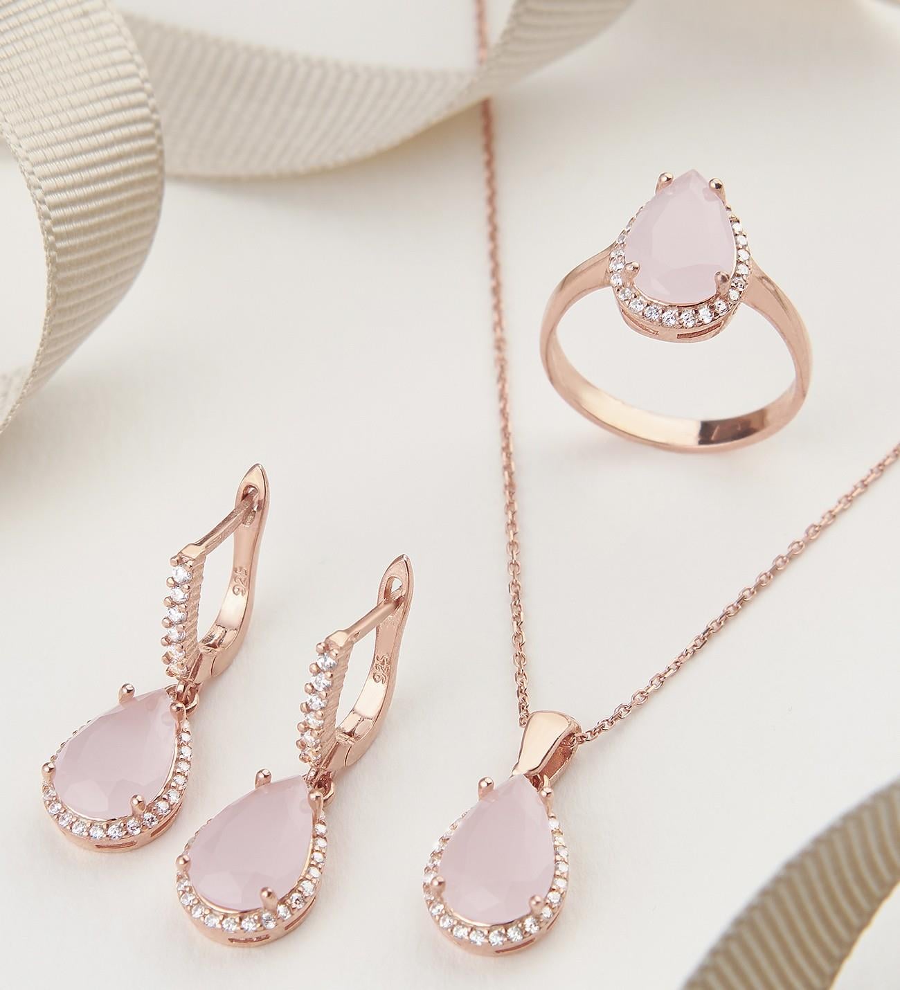 925 Ayar Pembe Kuvars Taşlı Damla Montür Üçlü Gümüş Set