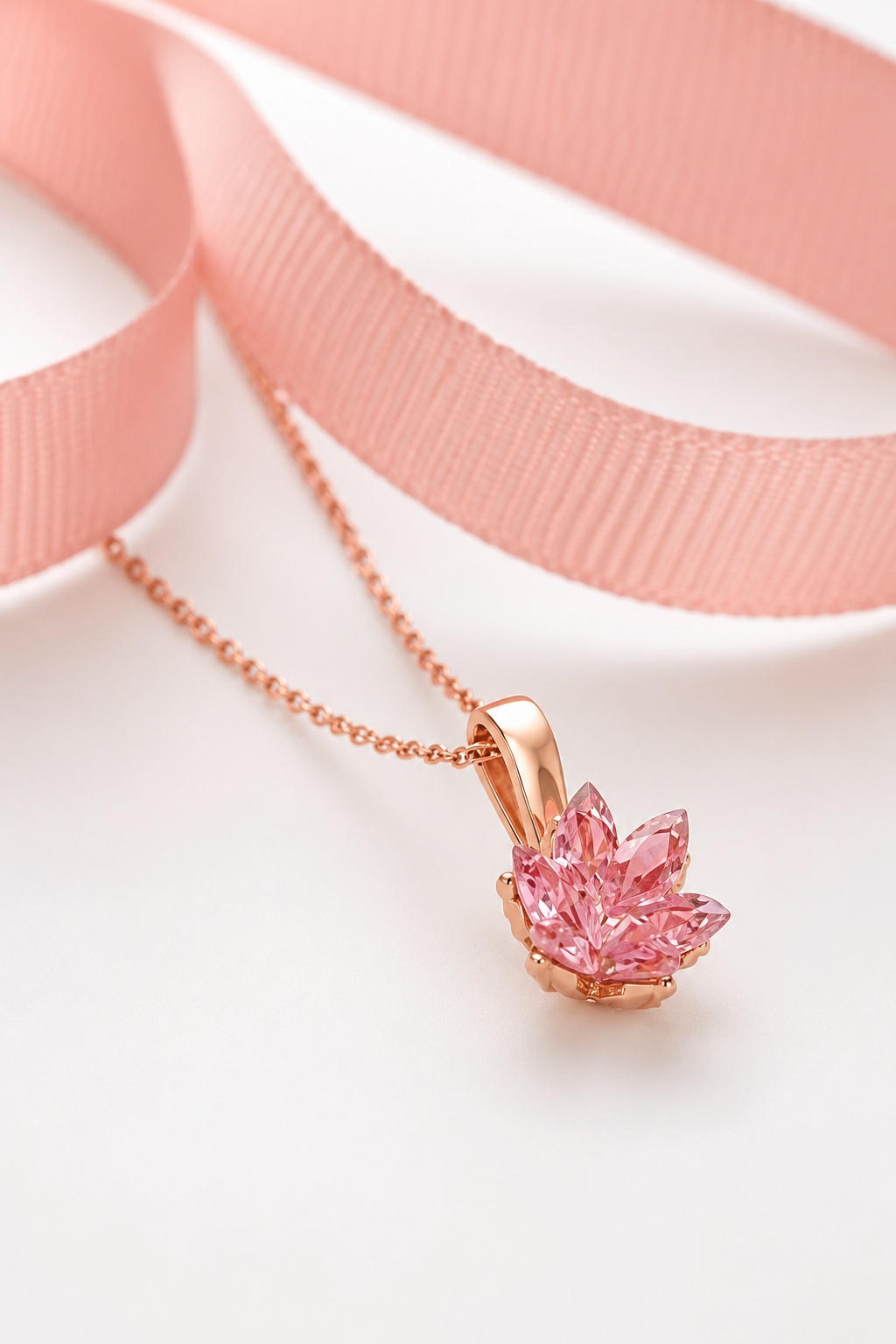 925 Ayar Pembe Kuvars Taşlı Lotus Çiçeği Gümüş Kolye