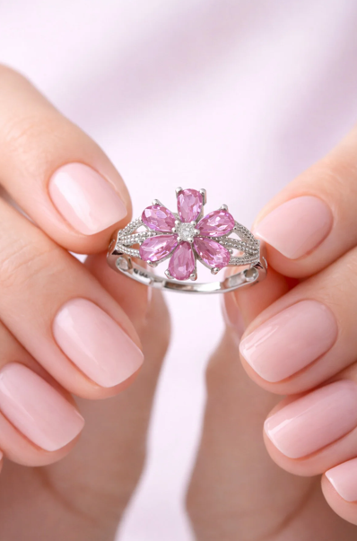 925 AYAR PEMBE ZİRKON TAŞLI LOTUS ÇİÇEĞİ GÜMÜŞ YÜZÜK