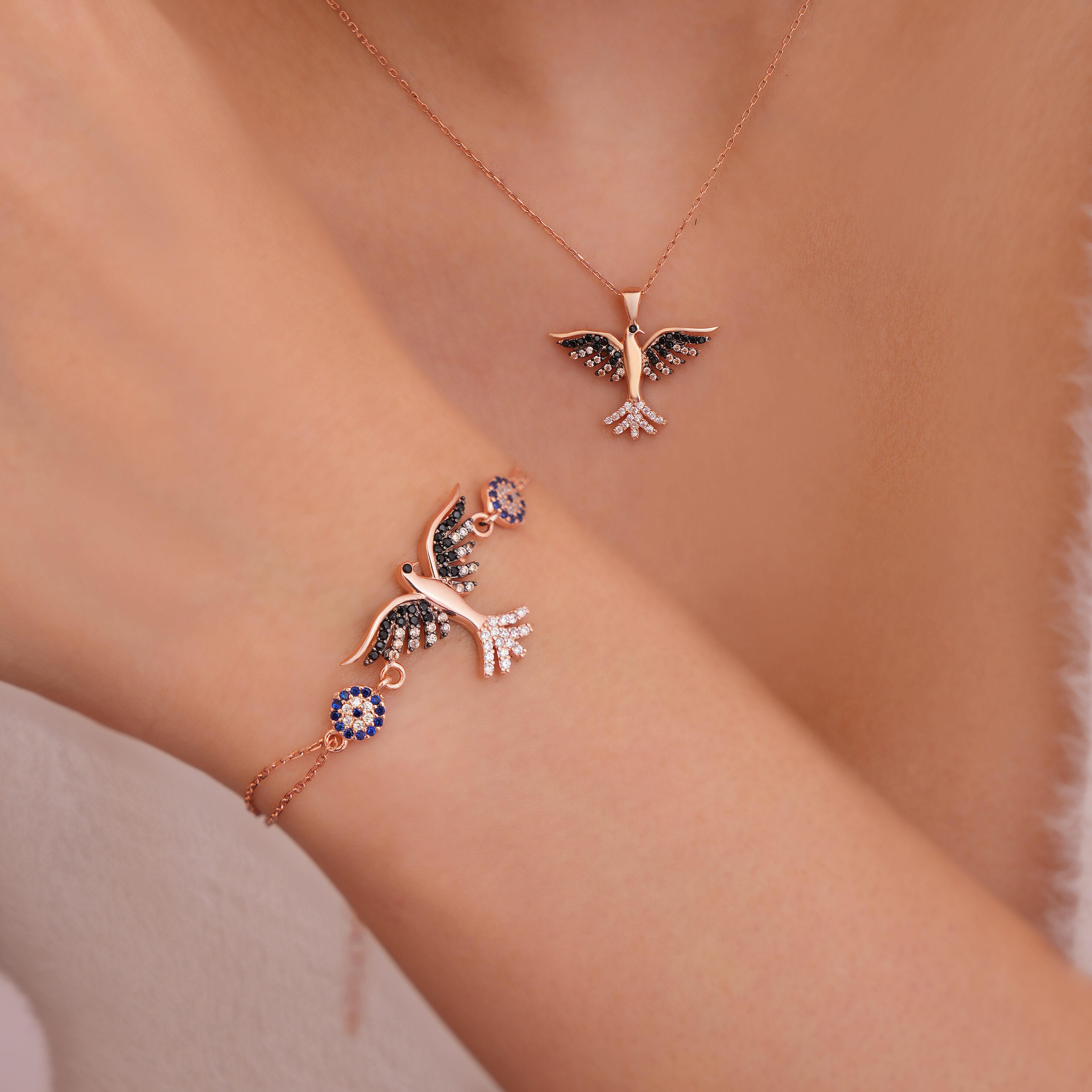 925 AYAR R0SE KAPLAMA ANKA KUŞU KOLYE-BİLEKLİK İKİLİ GÜMÜŞ SET