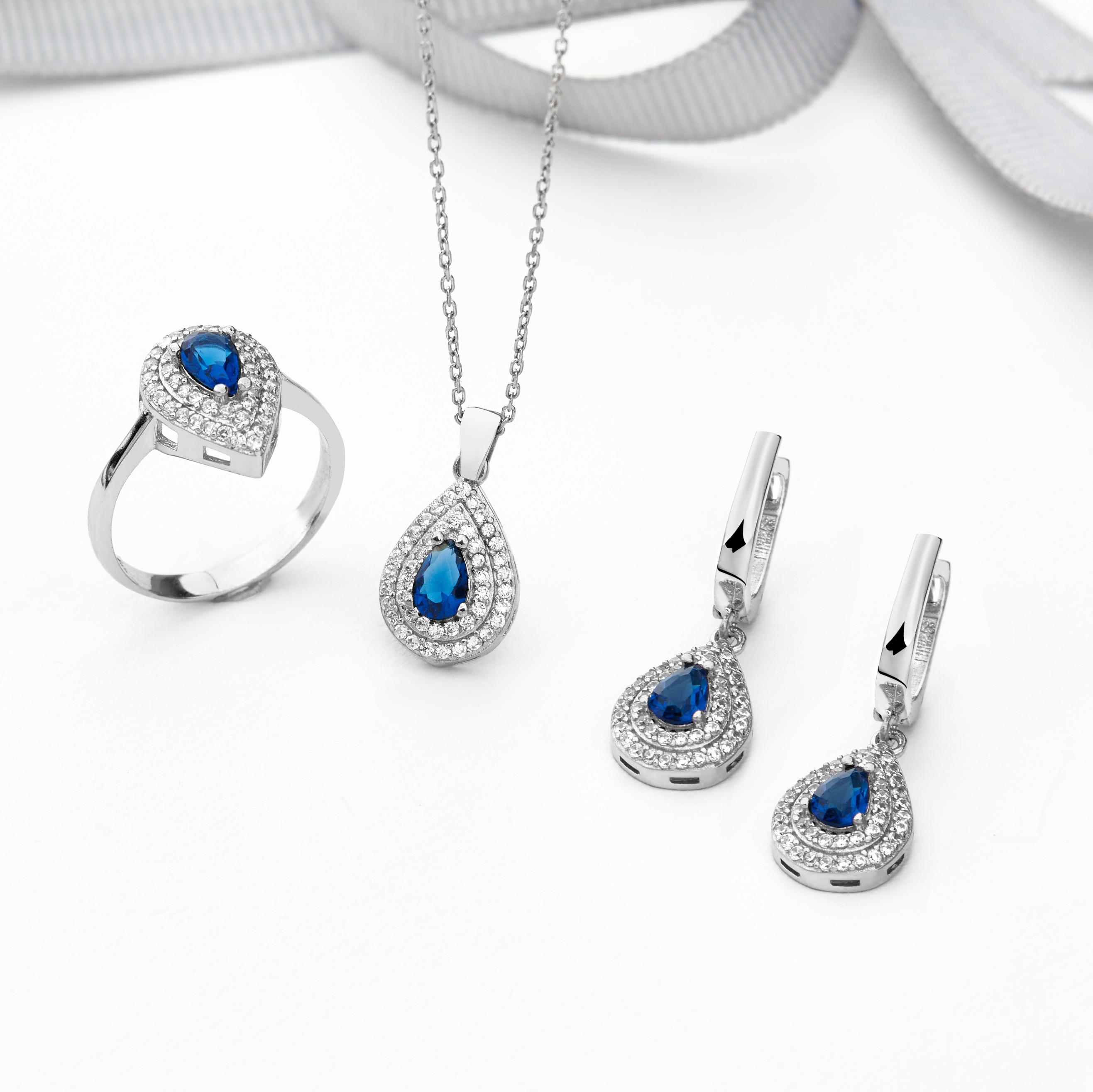 925 Ayar Radyum Kaplama  Damla Safir Taşlı Gümüş Set