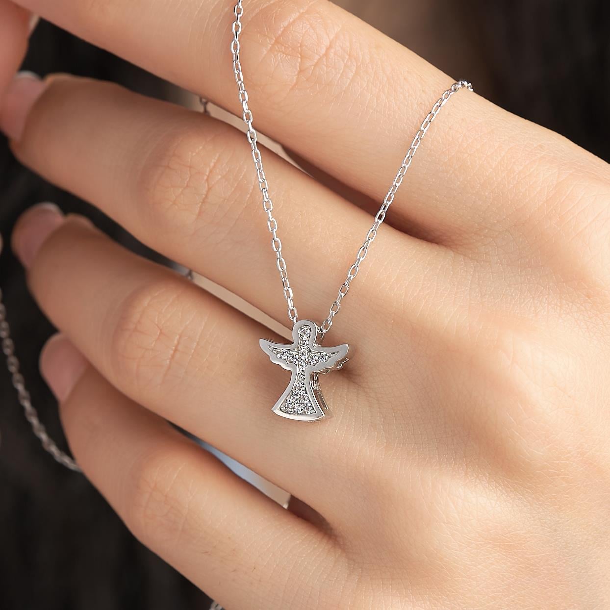 925 AYAR RADYUM KAPLAMA SWAROVSKİ TAŞLI MELEK GÜMÜŞ KOLYE