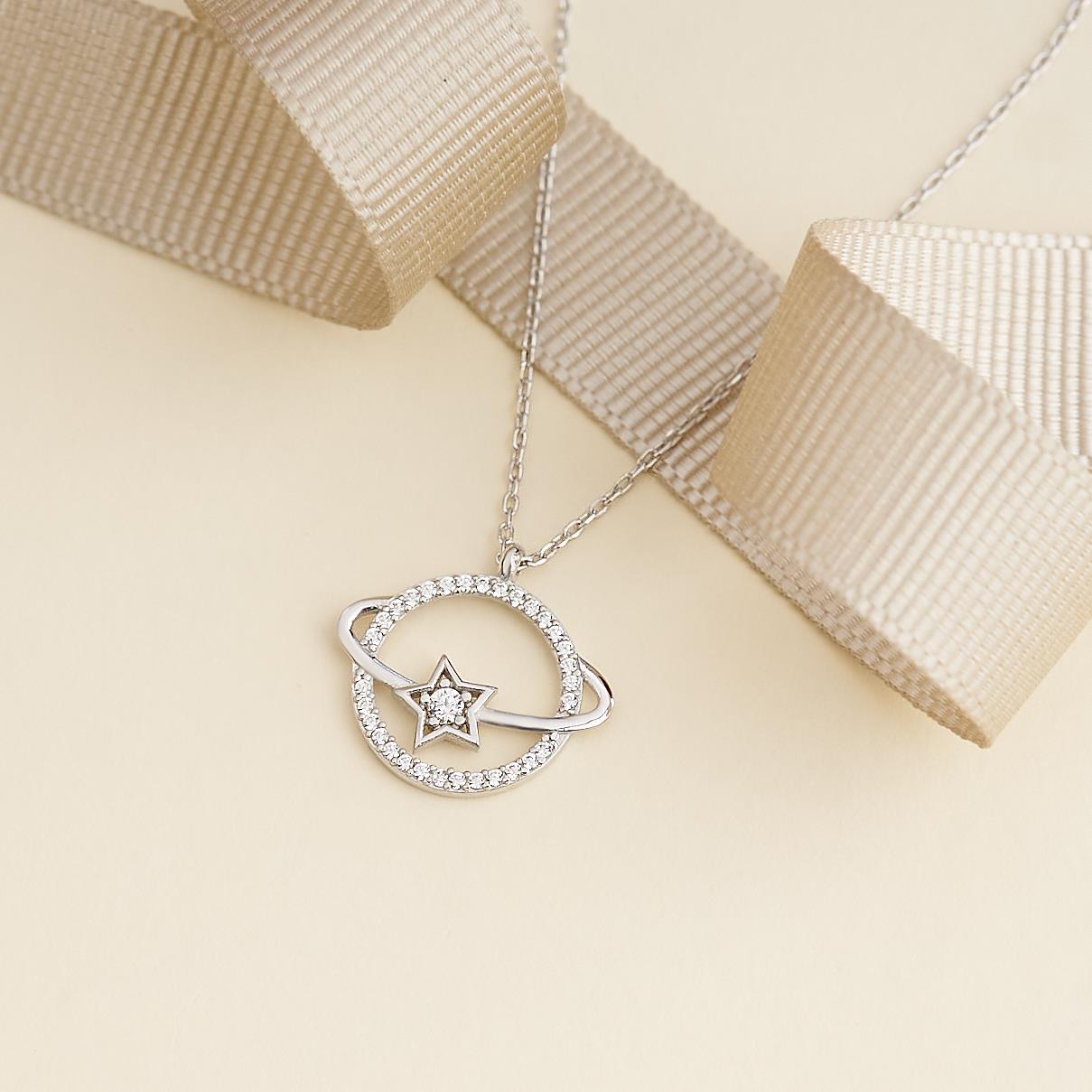 925 AYAR RADYUM KAPLAMA SWAROVSKİ TAŞLI GÜMÜŞ GEZEGEN KOLYE