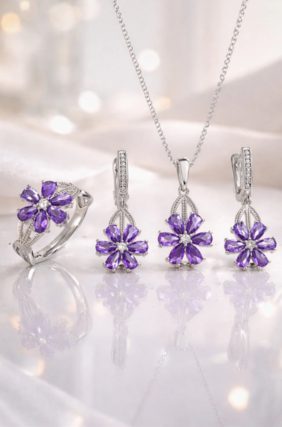 925 AYAR RODYUM KAPLAMA AMETİST TAŞLI LOTUS ÇİÇEĞİ GÜMÜŞ  SET