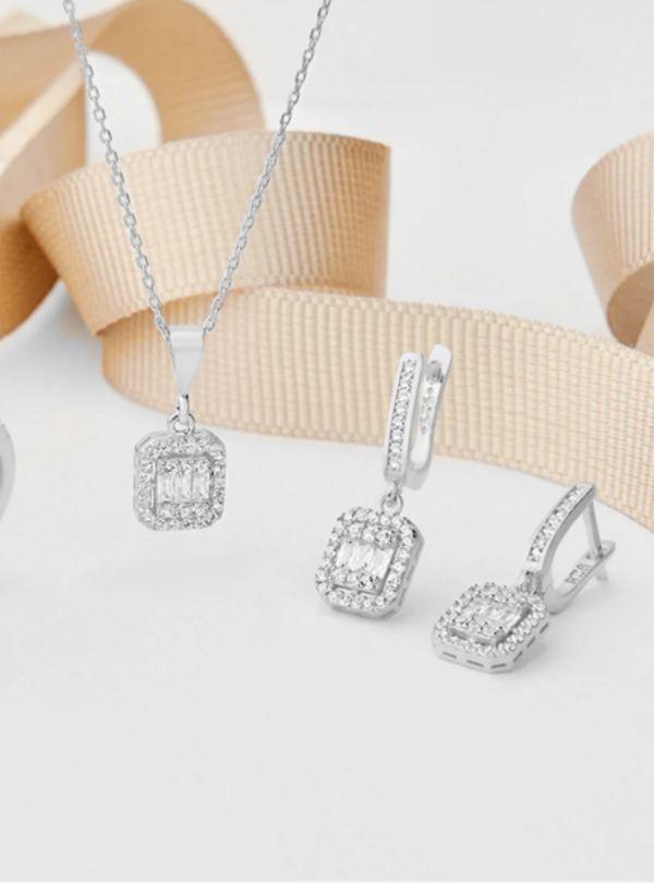925 AYAR RODYUM KAPLAMA BAGET TAŞLI İKİLİ GÜMÜŞ SET
