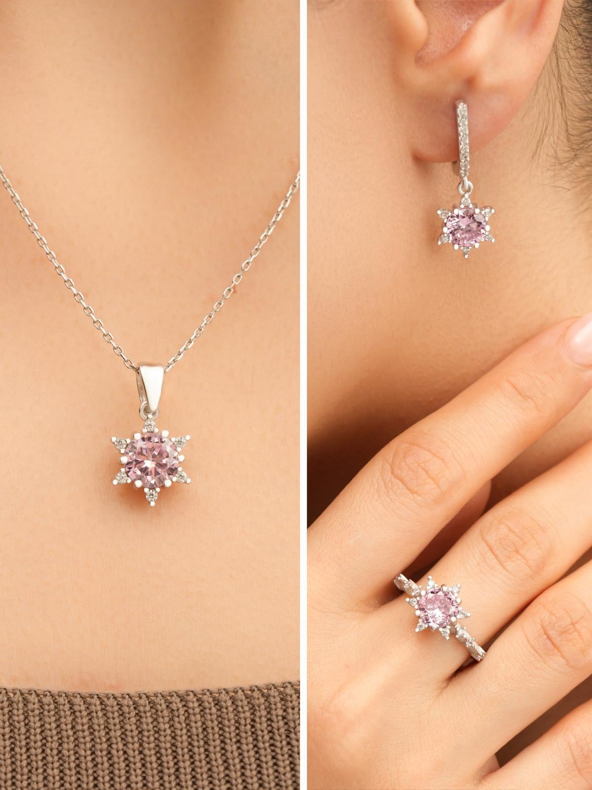 925 AYAR RODYUM KAPLAMA PEMBE ZİRKON TAŞLI LOTUS ÇİÇEĞİ AŞK GÜNEŞİ GÜMÜŞ SET