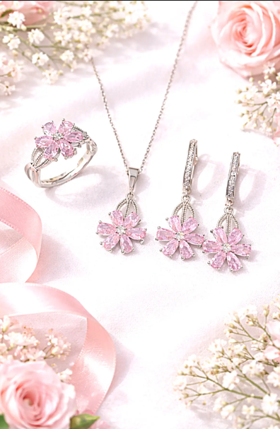 925 AYAR RODYUM KAPLAMA PEMBE ZİRKON TAŞLI LOTUS ÇİÇEĞİ GÜMÜŞ SET