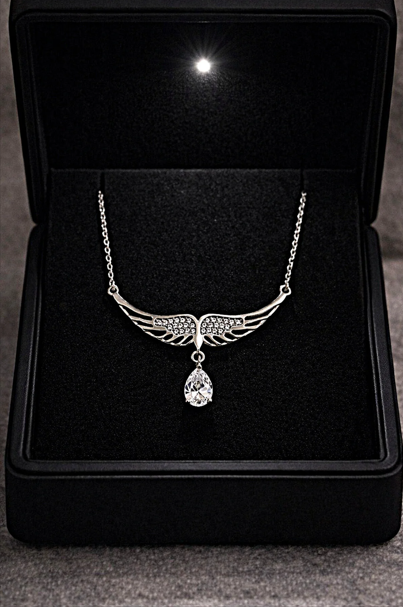 925 AYAR RODYUM KAPLAMA SWAROVSKİ TAŞLI MELEK KANADI GÜMÜŞ KOLYE