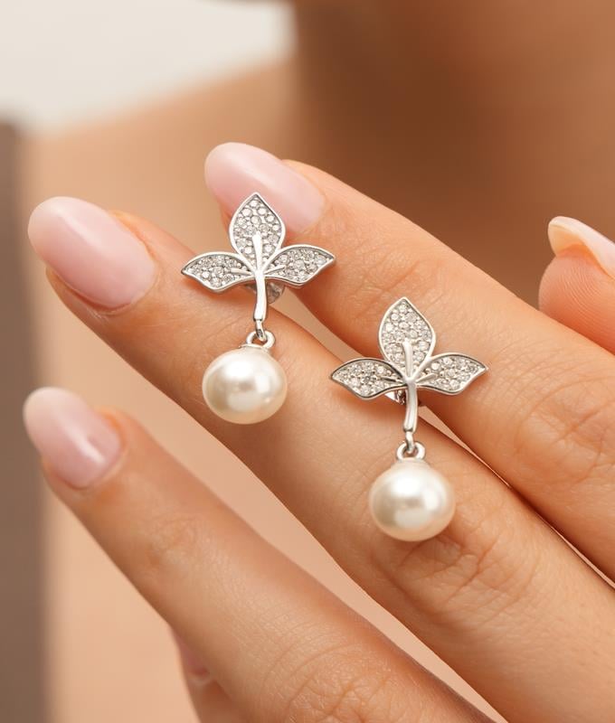 925 AYAR RODYUM KAPLAMA YAPRAK MODEL GÜMÜŞ İNCİ KÜPE