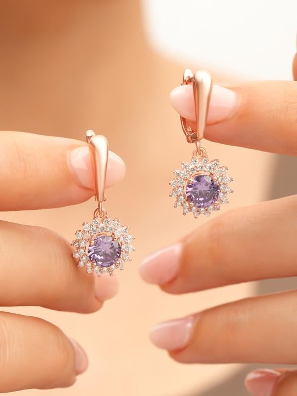 925 AYAR ROSE KAPLAMA AMETİST TAŞLI  ÇİÇEK MODEL GÜMÜŞ SET