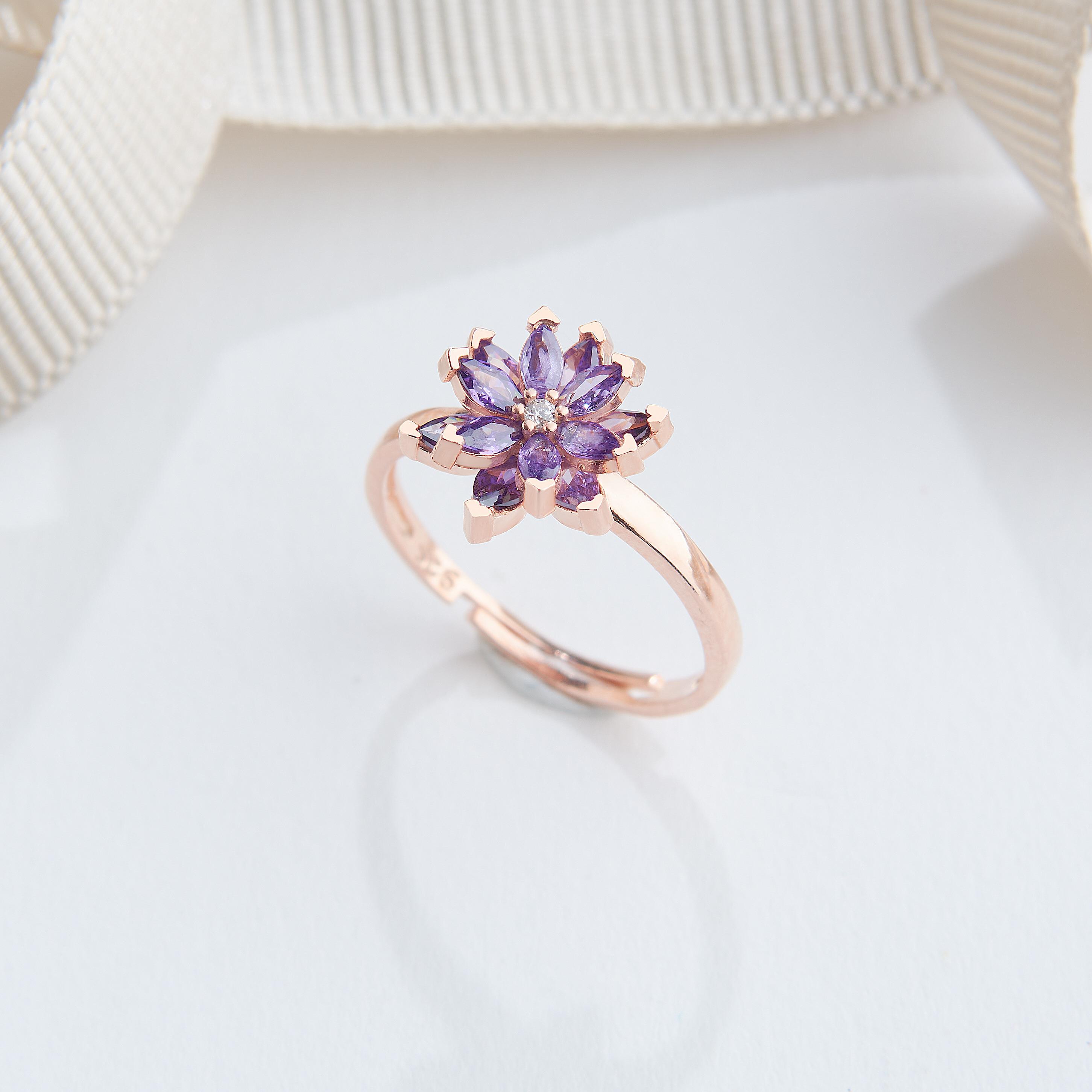925 AYAR ROSE KAPLAMA AMETİST TAŞLI LOTUS ÇİÇEĞİ GÜMÜŞ YÜZÜK