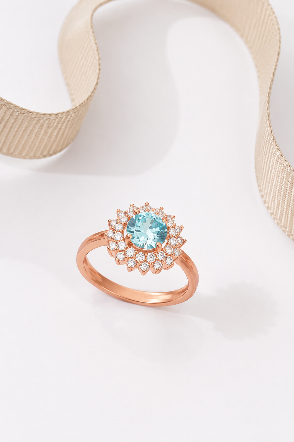 925 AYAR ROSE KAPLAMA AQUA MARİN TAŞLI ÇİÇEK MODEL GÜMÜŞ YÜZÜK
