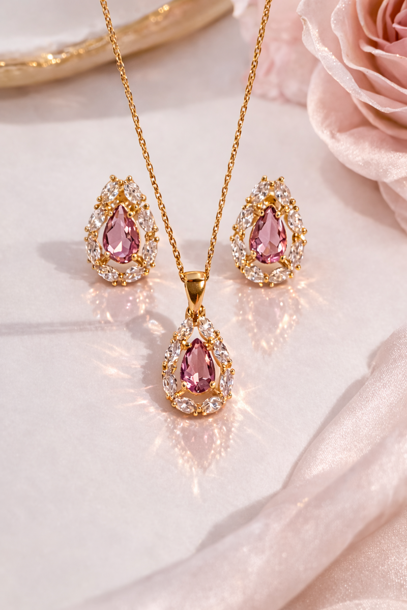 925 AYAR ROSE KAPLAMA DAMLA AMETİST TAŞLI  İKİLİ GÜMÜŞ SET