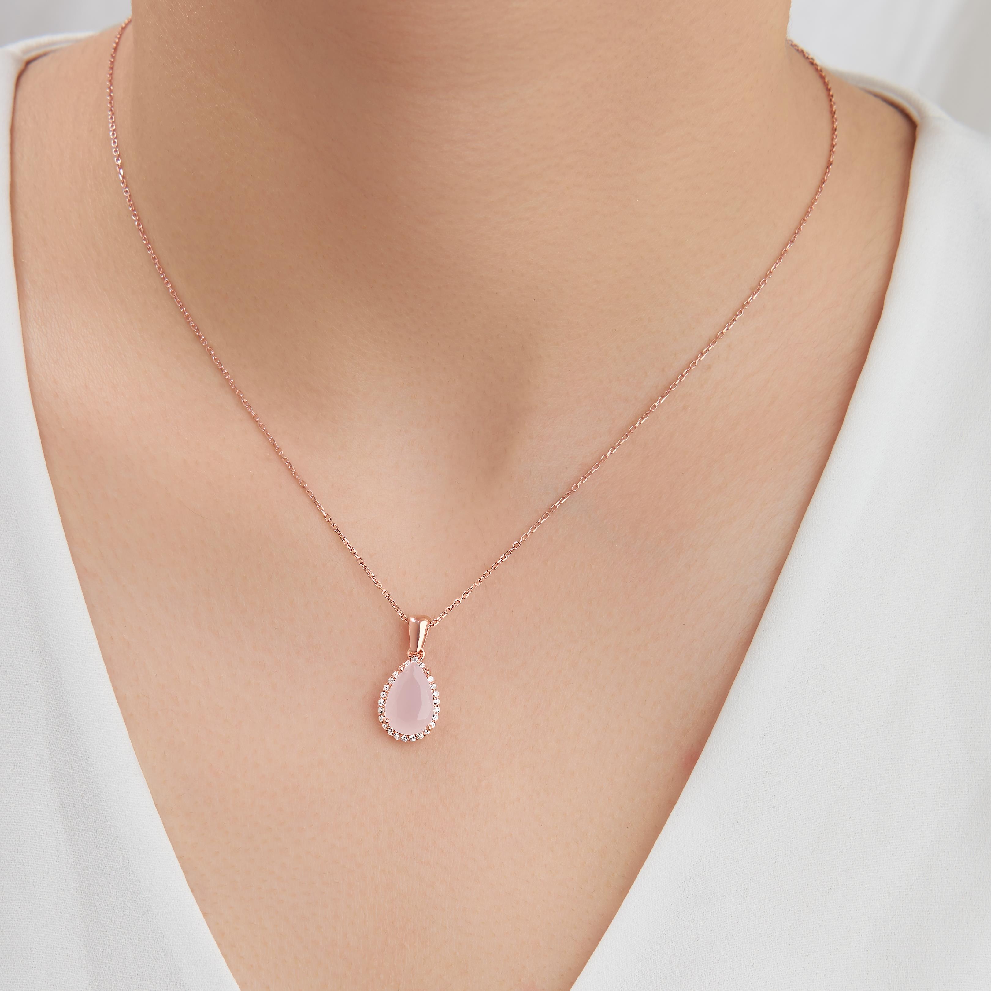 925 AYAR ROSE KAPLAMA DAMLA KUVARS TAŞLI GÜMÜŞ KOLYE