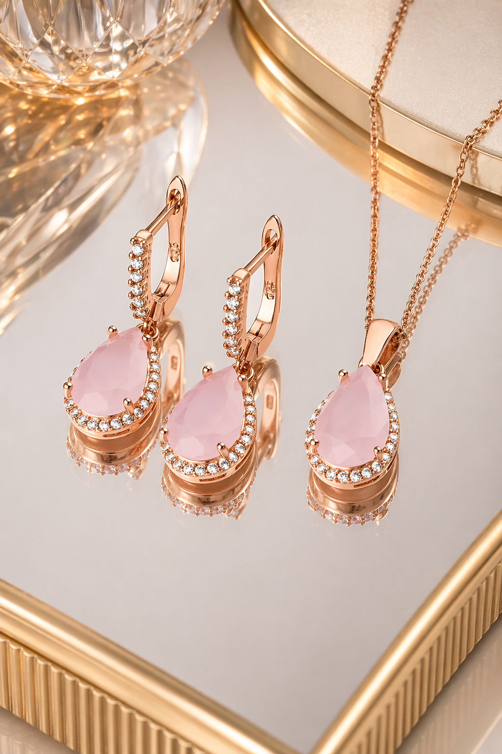 925 AYAR ROSE KAPLAMA DAMLA KUVARS TAŞLI GÜMÜŞ SET