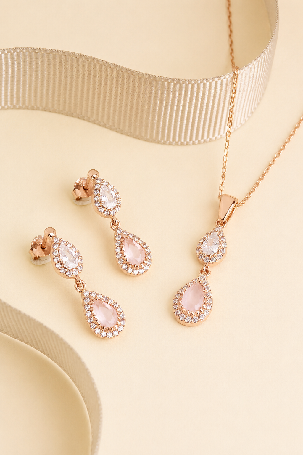 925 AYAR ROSE KAPLAMA  DAMLA PEMBE KUVARS TAŞLI İKİLİ GÜMÜŞ SET