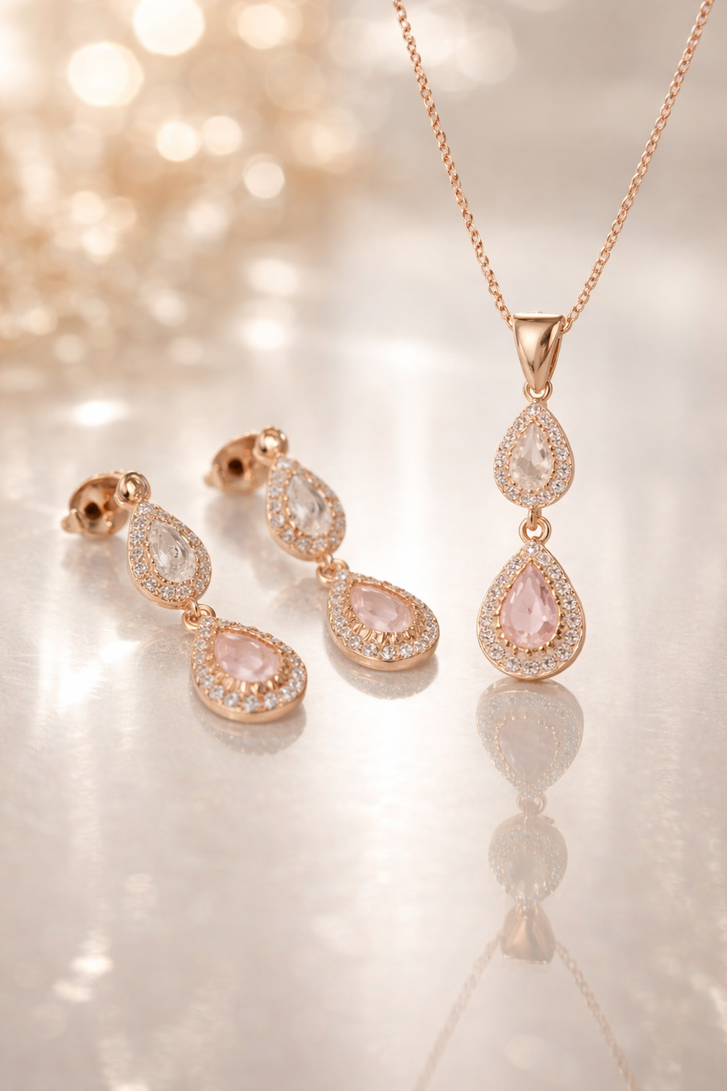 925 AYAR ROSE KAPLAMA  DAMLA PEMBE KUVARS TAŞLI İKİLİ GÜMÜŞ SET