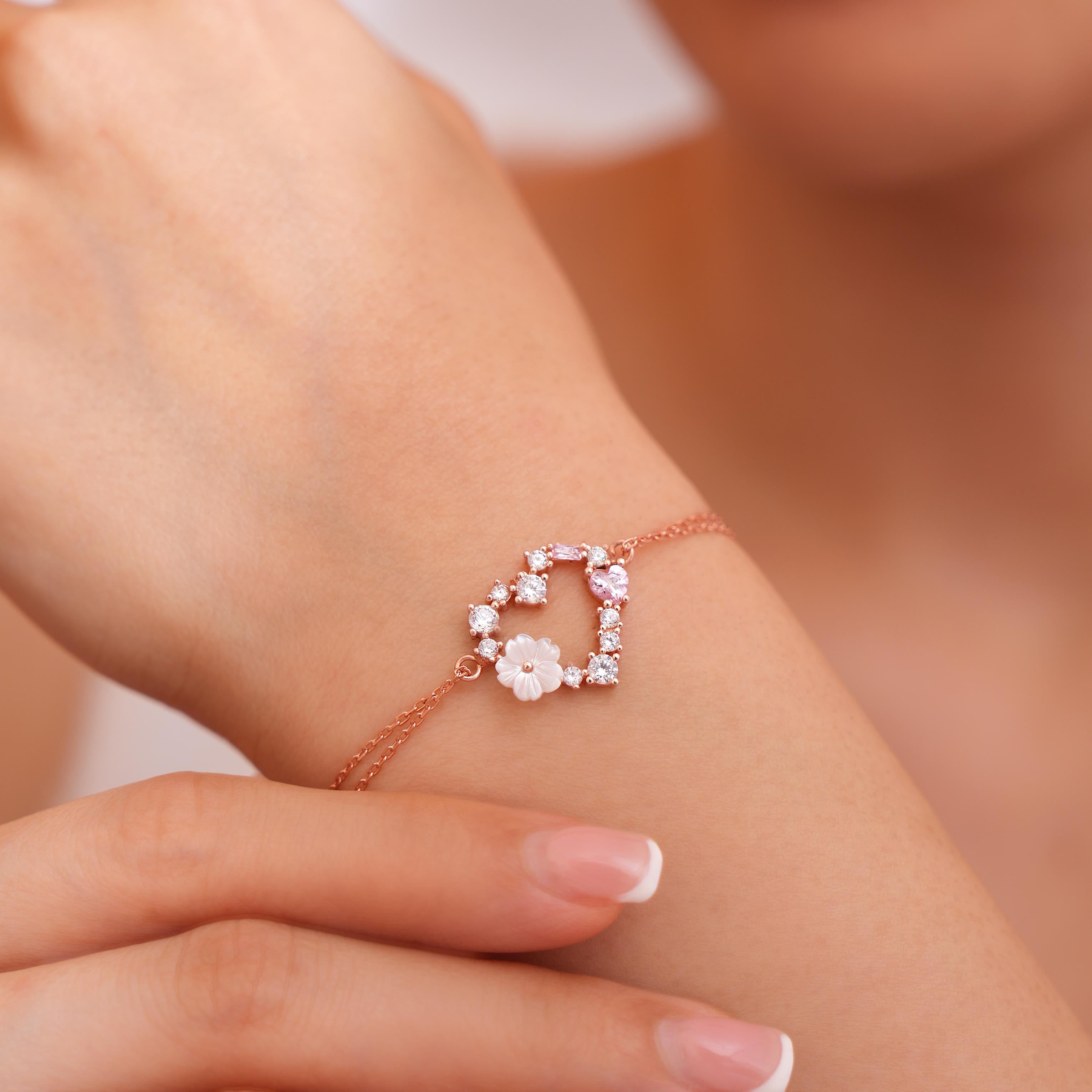925 AYAR ROSE KAPLAMA MANOLYA ÇİÇEKLİ  KALP GÜMÜŞ BİLEKLİK