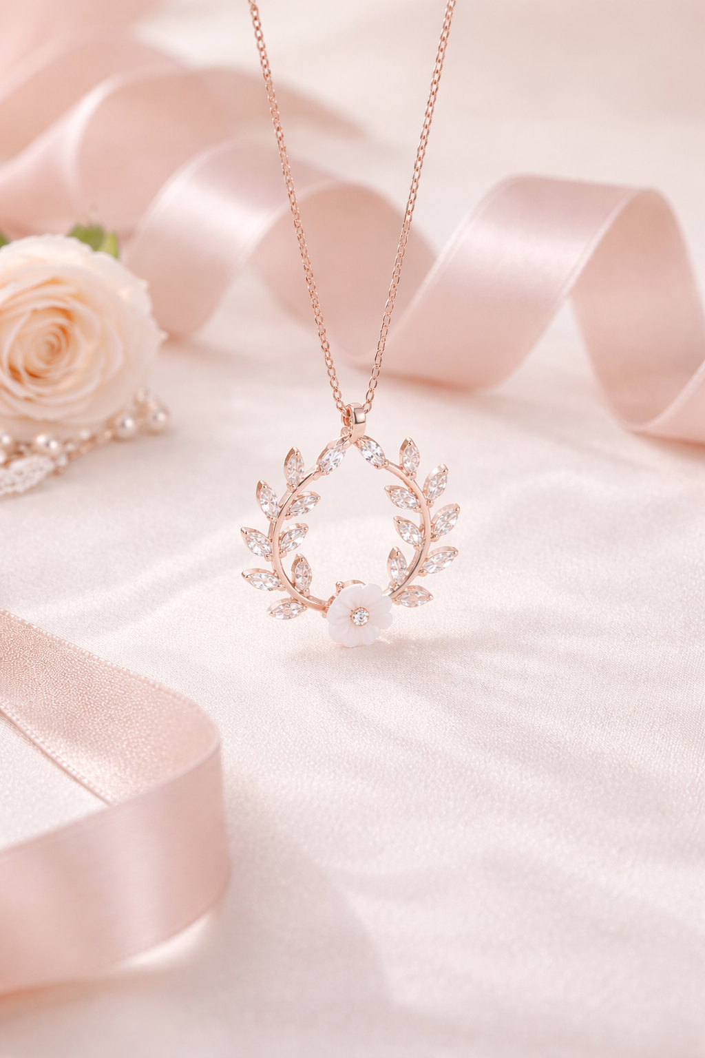 925 AYAR ROSE KAPLAMA MANOLYA ÇİÇEKLİ YAPRAK GÜMÜŞ KOLYE