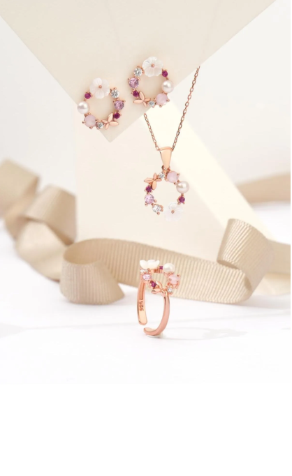 925 AYAR ROSE KAPLAMA MANOLYA ÇİÇEKLİ GÜMÜŞ SET