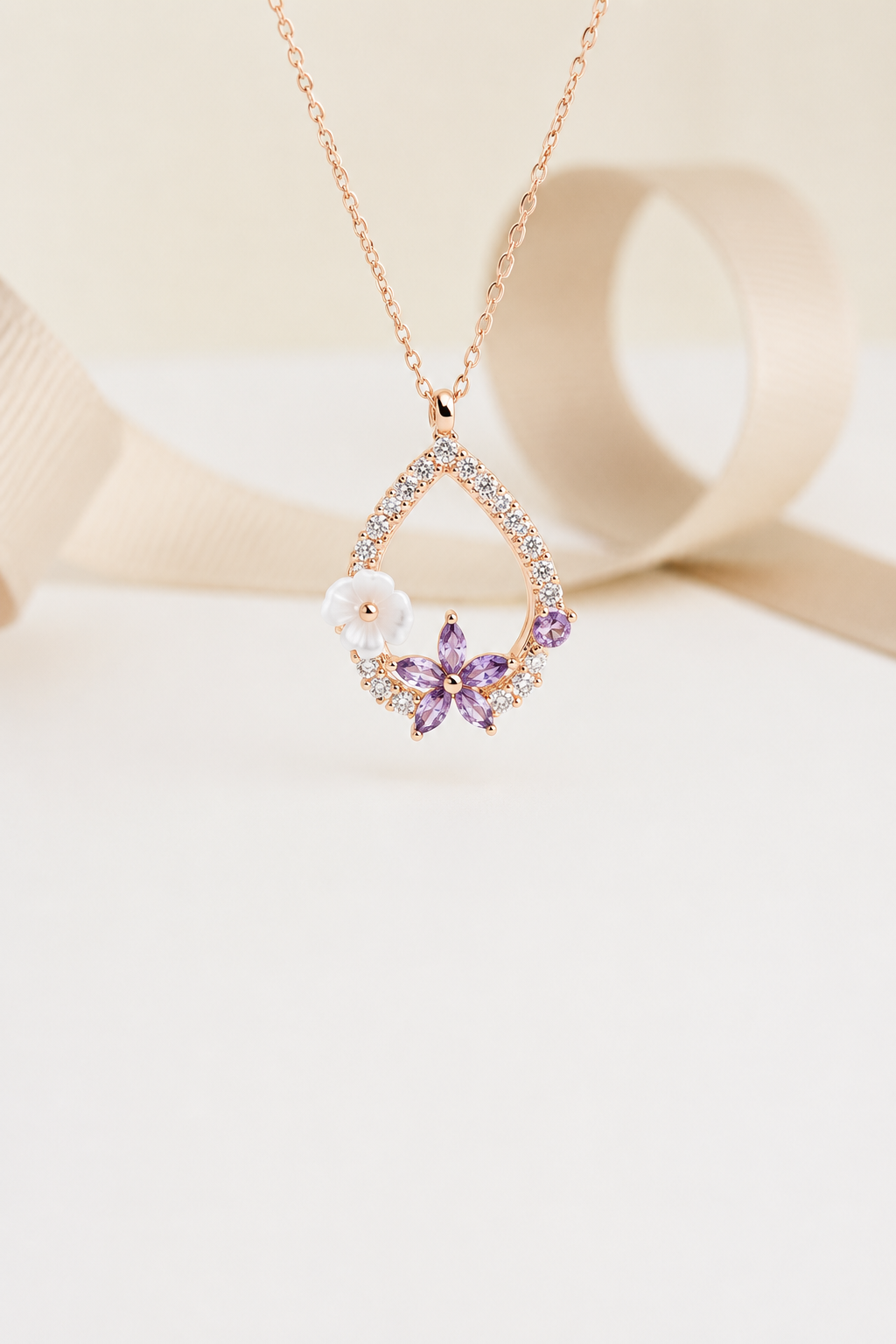 925  AYAR ROSE KAPLAMA MANOLYA TAŞLI LOTUS ÇİÇEĞİ GÜMÜŞ  KOLYE