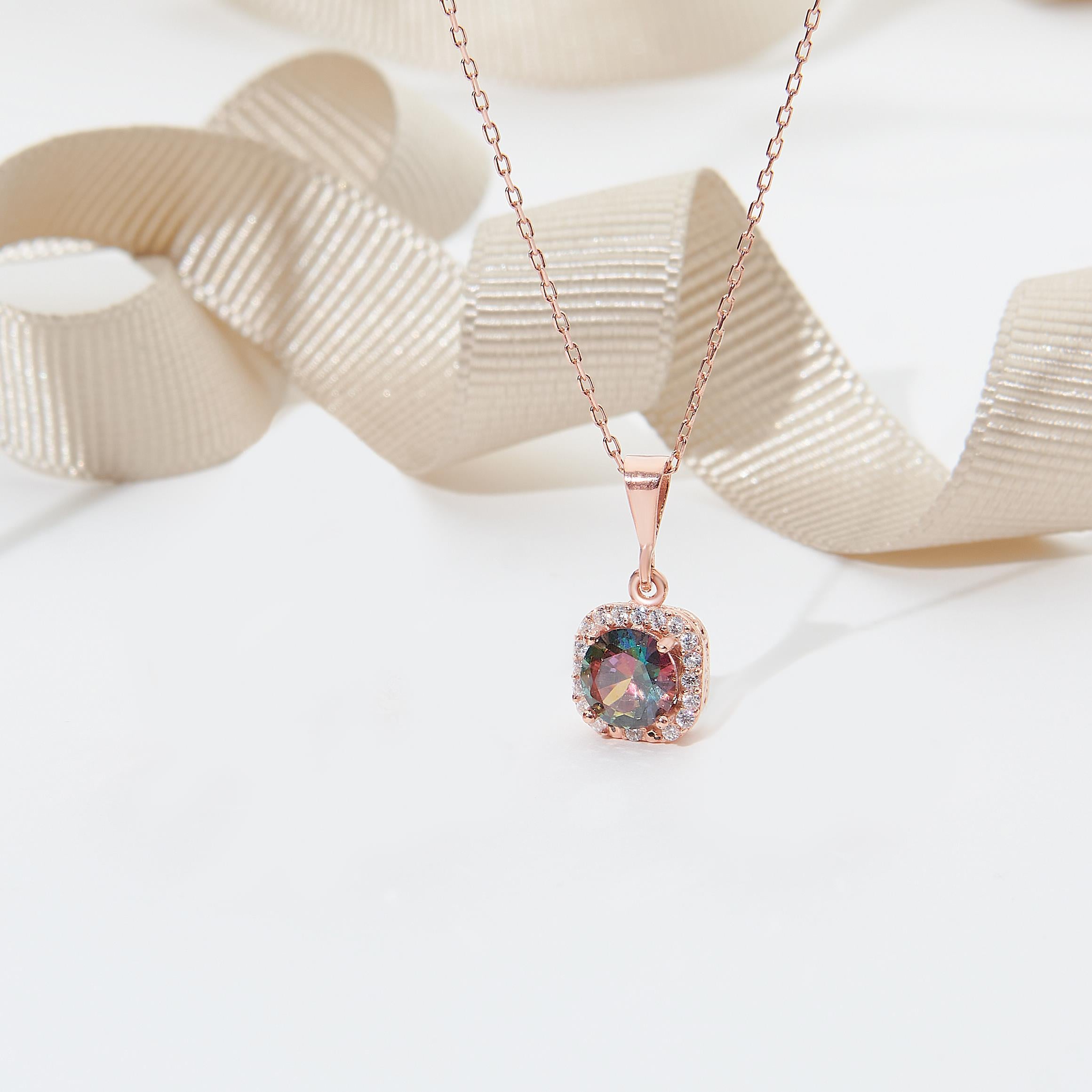 925 AYAR ROSE KAPLAMA MİSTİK TOPAZ TEK TAŞLI GÜMÜŞ KOLYE