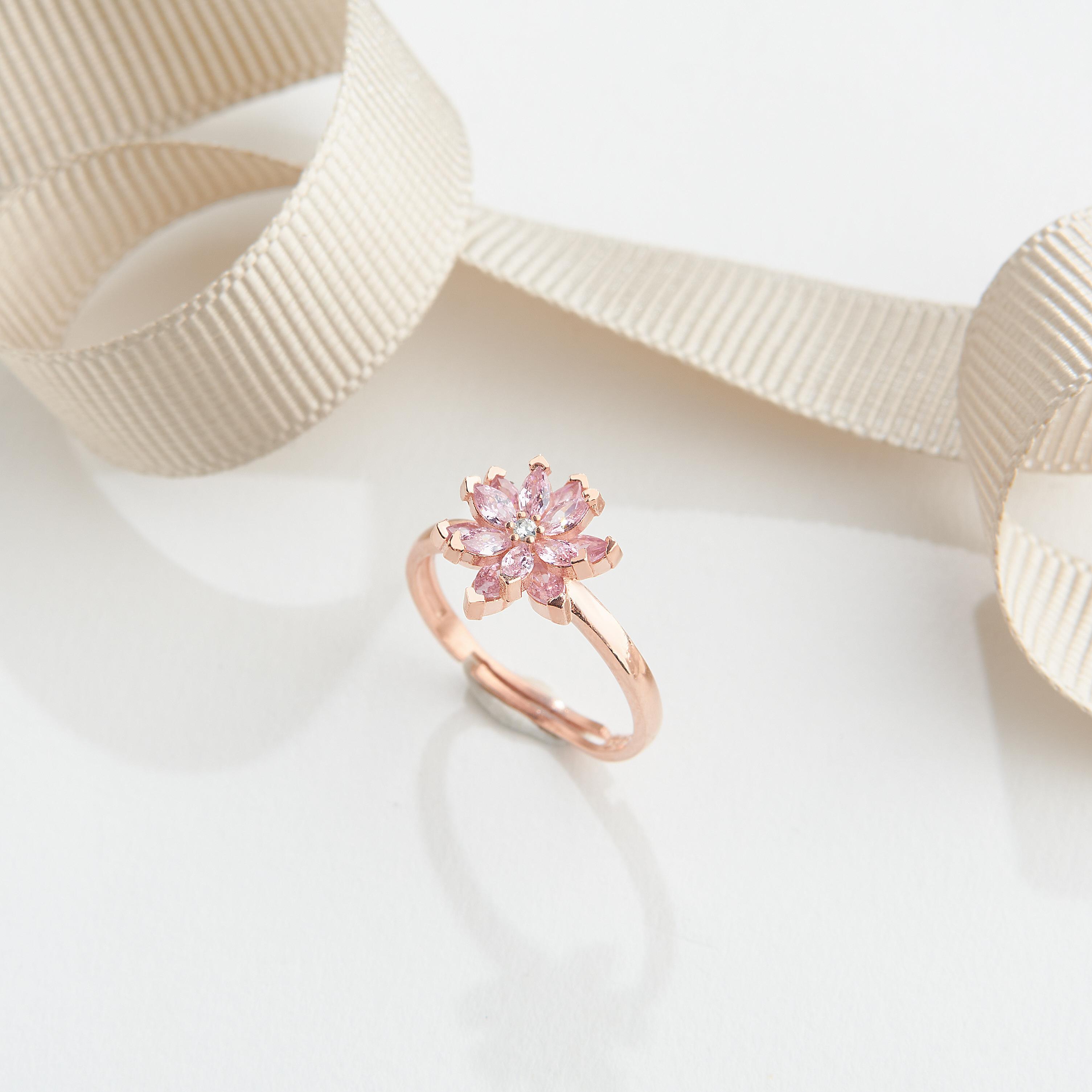 925 AYAR ROSE KAPLAMA PEMBE ZİRKON TAŞLI LOTUS ÇİÇEĞİ GÜMÜŞ YÜZÜK