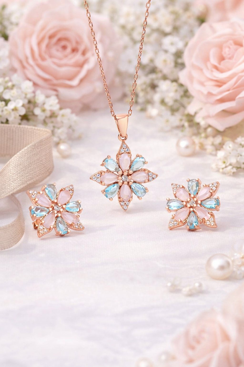 925 AYAR ROSE KAPLAMA RENKLİ TAŞLI KAMELYA ÇİÇEĞİ İKİLİ GÜMÜŞ SET