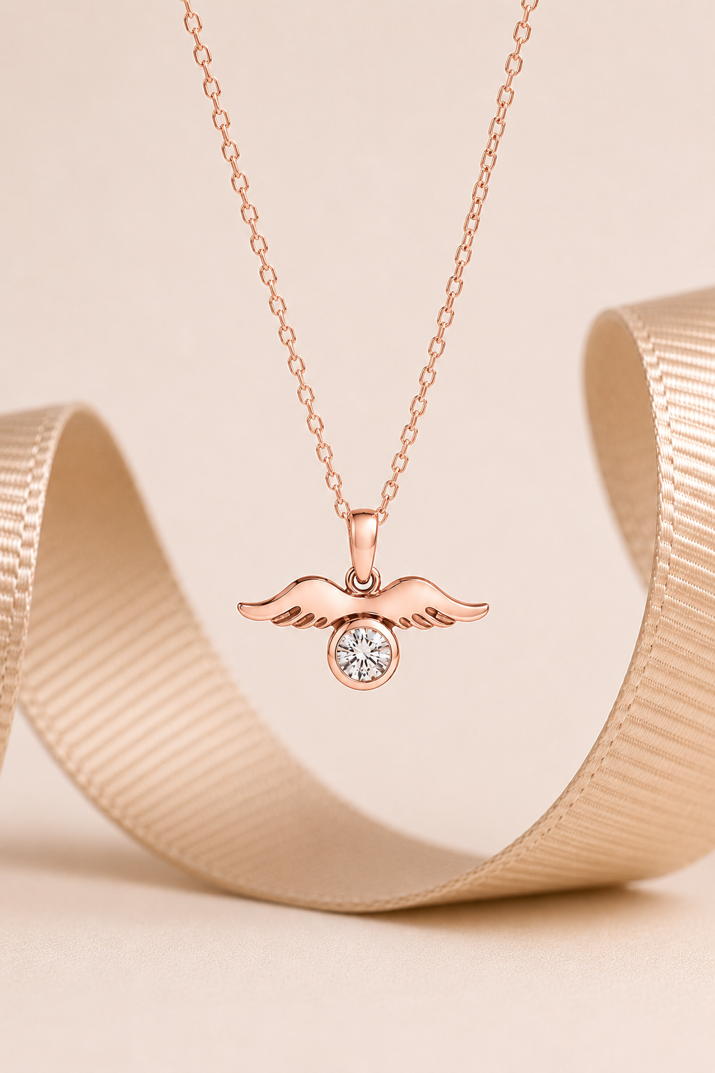 925 AYAR  ROSE KAPLAMA SWAROVSKİ TAŞLI MELEK KANADI GÜMÜŞ KOLYE