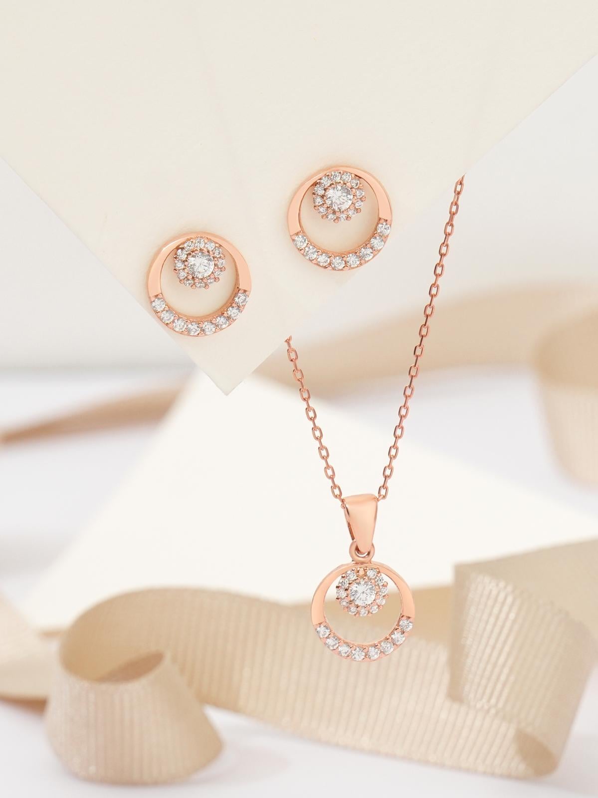 925 AYAR ROSE KAPLAMA ZİRKON TAŞLI YUVARLAK-LAVA MODEL İKİLİ GÜMÜŞ SET