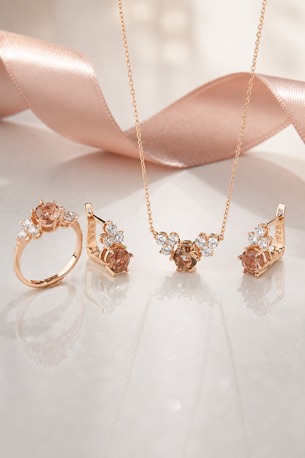 925 AYAR  ROSE KAPLAMA ZULTANİT TAŞLI GÜMÜŞ ÜÇLÜ SET