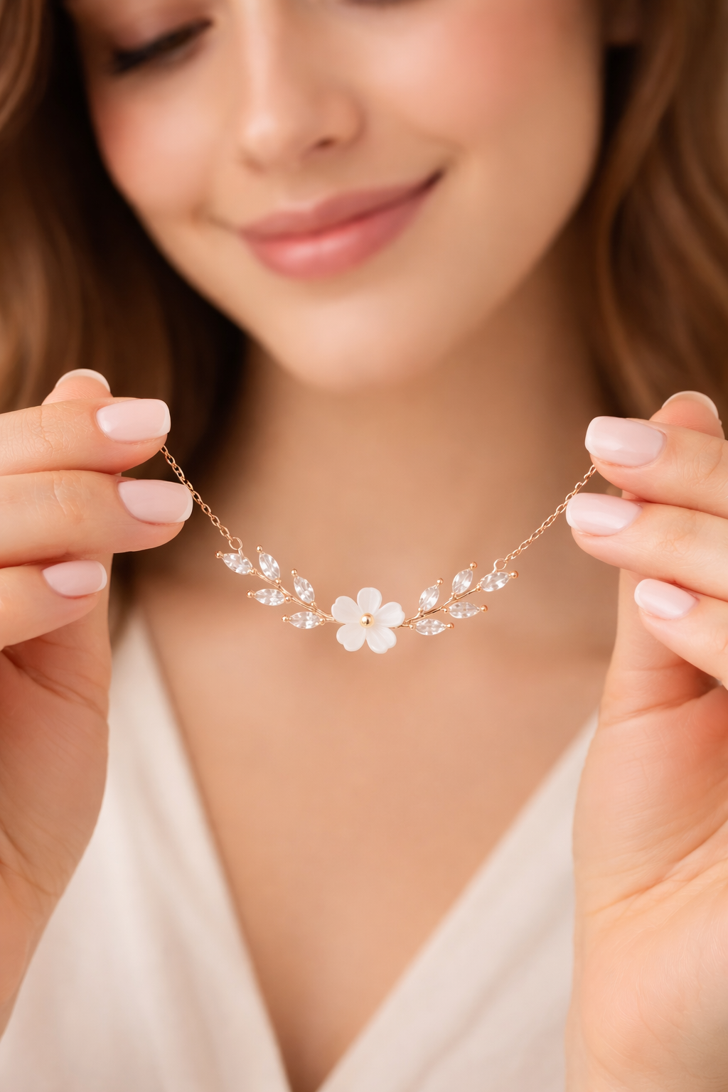 925 AYAR ROSE KAPLSAMA MANOLYA ÇİÇEKLİ YAPRAK MODEL GÜMÜŞ KOLYE
