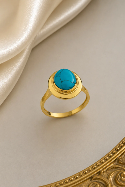 925 Ayar Sarı Altın Kaplama Firuze Taşlı Gümüş Yüzük