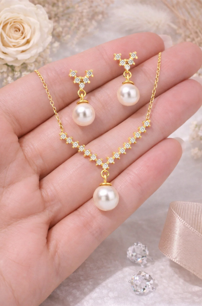 925 AYAR SARI ALTIN KAPLAMA  SU YOLU İNCİ İKİLİ GÜMÜŞ SET 