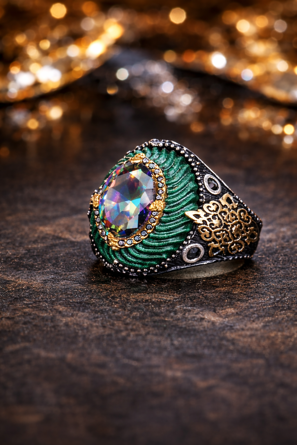 925 AYAR  YEŞİL KEHRİBAR ÜZERİNDE MİSTİK TOPAZ TAŞLI ERKEK GÜMÜŞ YÜZÜK