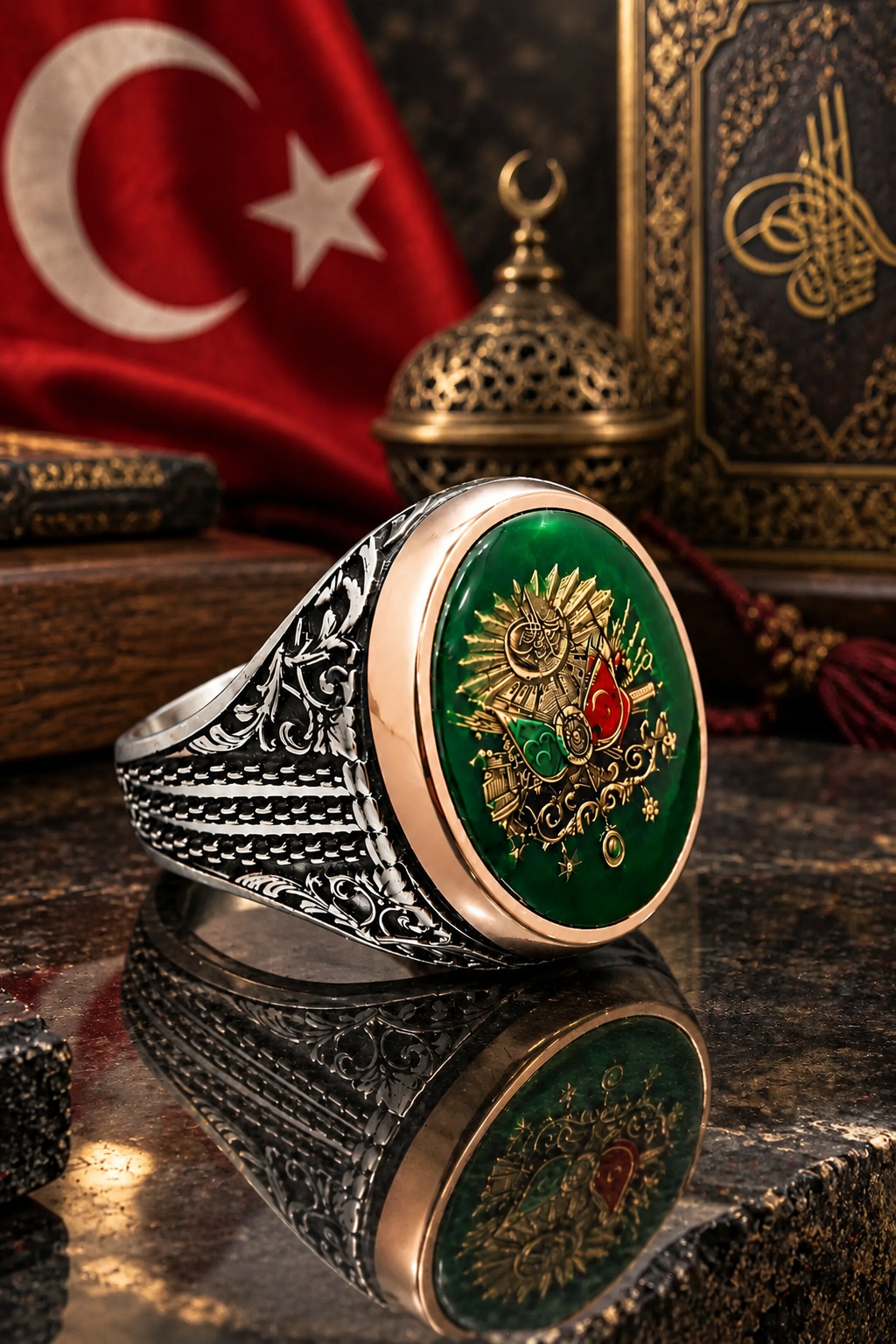 925 AYAR YEŞİL MİNE ÜZERİNE OSMANLI DEVLET ARMALI  ERKEK  GÜMÜŞ YÜZÜK