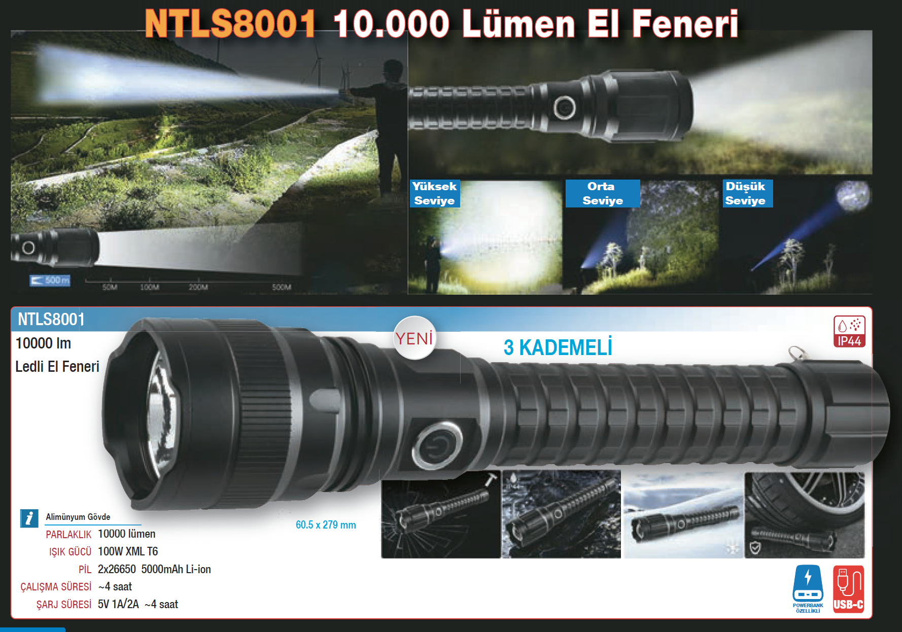 NTLights NTLS8001 COB Ledli El Feneri 10.000 Lümen