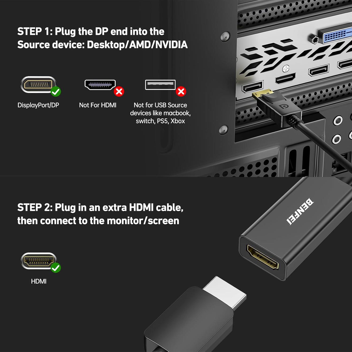 BENFEI 4K DisplayPort - HDMI Adaptör | Tek Yönlü DP 1.2 (Bilgisayar) → HDMI 1.4 (Ekran) Dönüştürücü | Altın Kaplama Erkek DP - Dişi HDMI Uçlu | Lenovo, Dell, HP ve Diğer Cihazlarla Uyumlu (Pasif Tip)