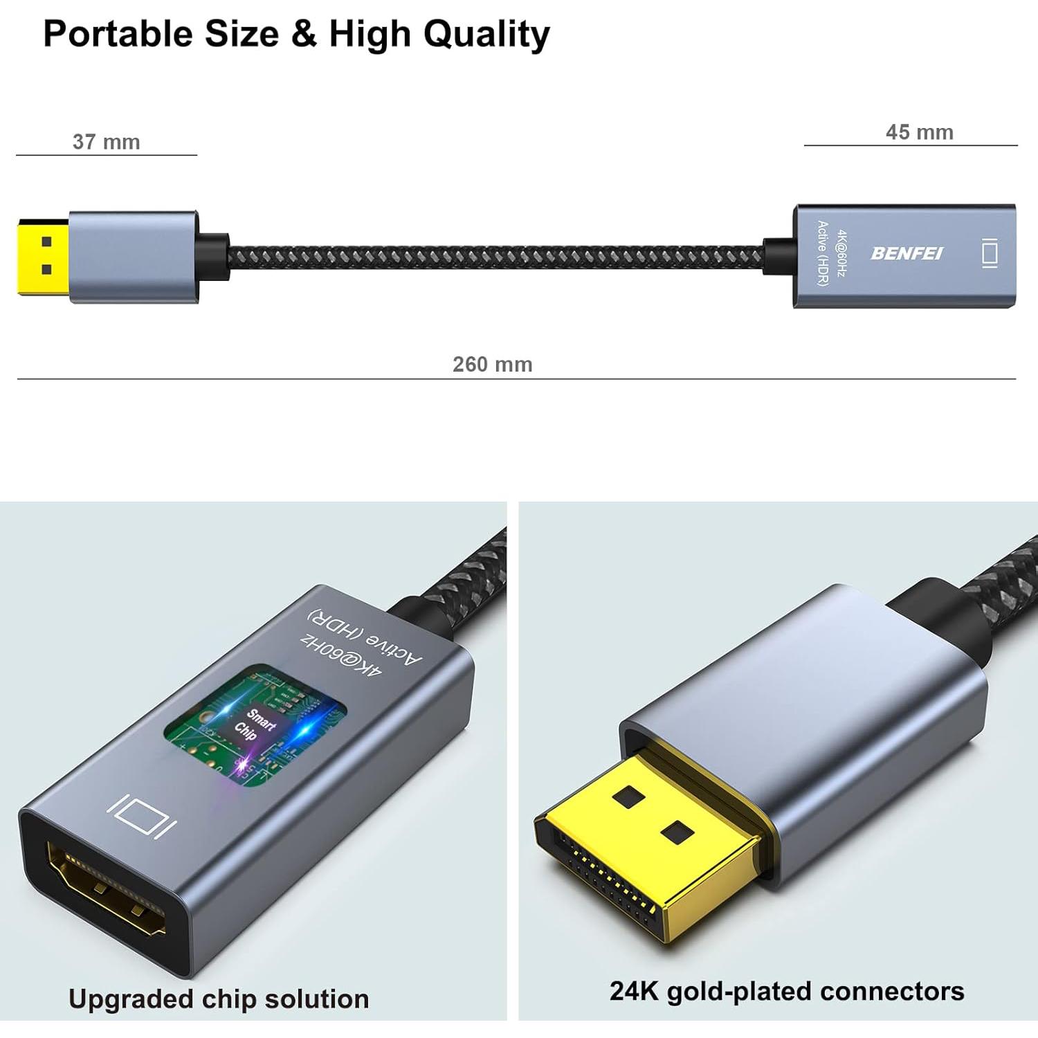 BENFEI Aktif DisplayPort - HDMI Adaptör | 4K@60Hz Destekli | PC, Dizüstü Bilgisayar, Masaüstü, Tablet ve DisplayPort Dock Üniteleri ile Uyumlu | Çoklu Ekran Oyunu için Eyefinity Desteği