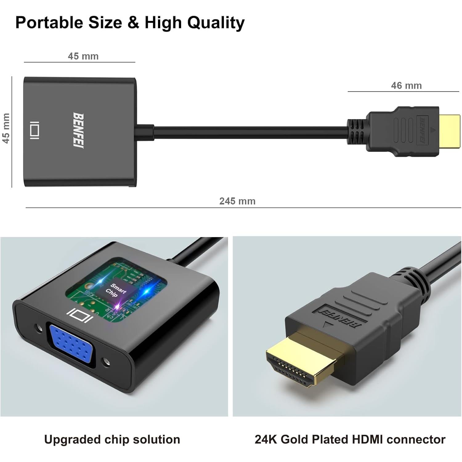 BENFEI HDMI - VGA Adaptör | Altın Kaplama Erkek HDMI - Dişi VGA Dönüştürücü | Siyah