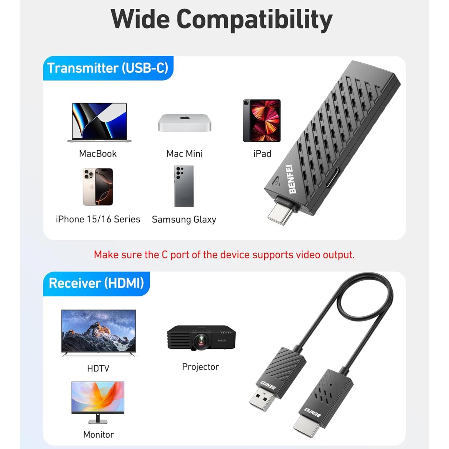 BENFEI Kablosuz HDMI Verici ve Alıcı 1080P@60Hz