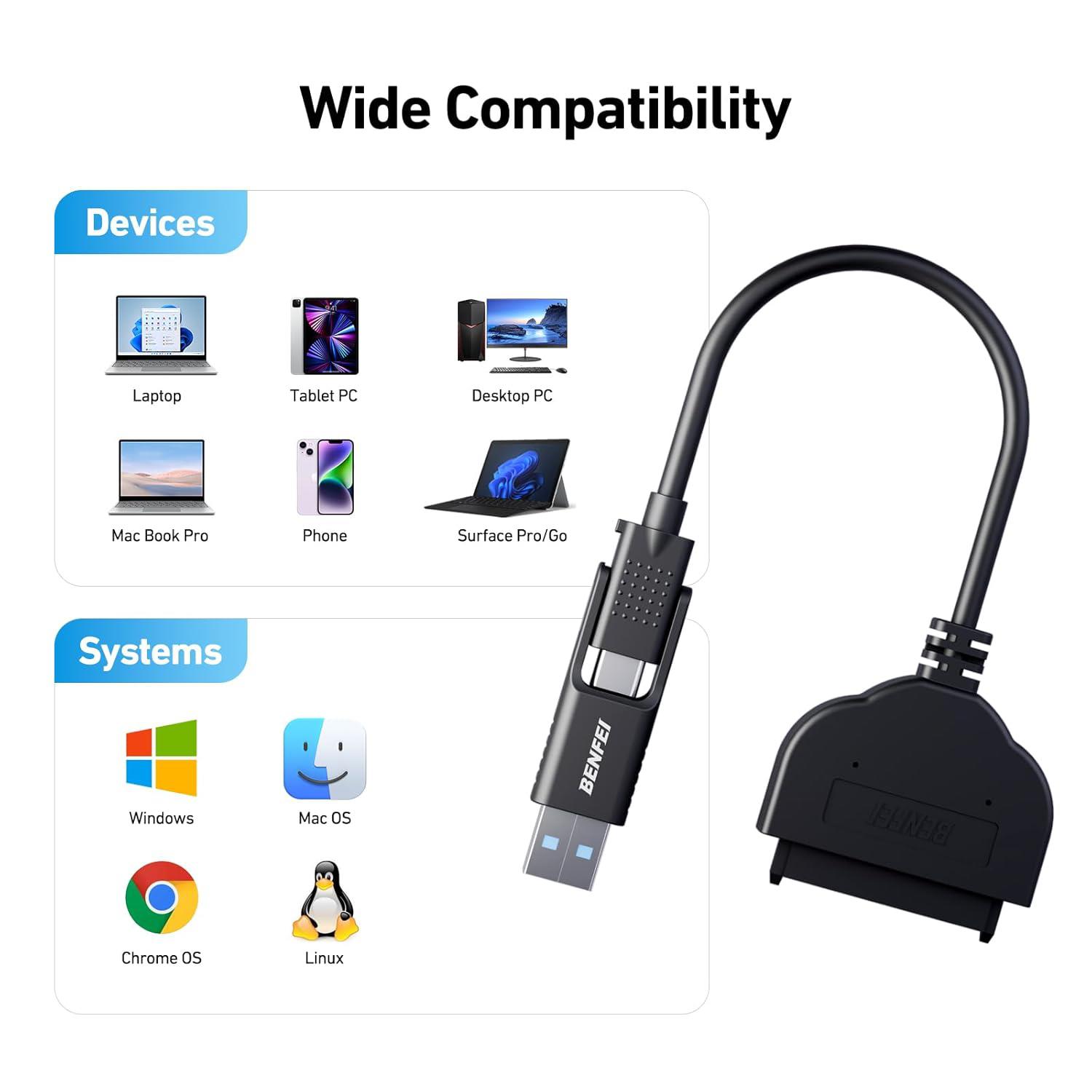 BENFEI SATA - USB Kablo | 2si 1 Arada USB-C / USB 3.0 - SATA III Dönüştürücü | 2.5 inç HDD ve SSD ile Uyumlu