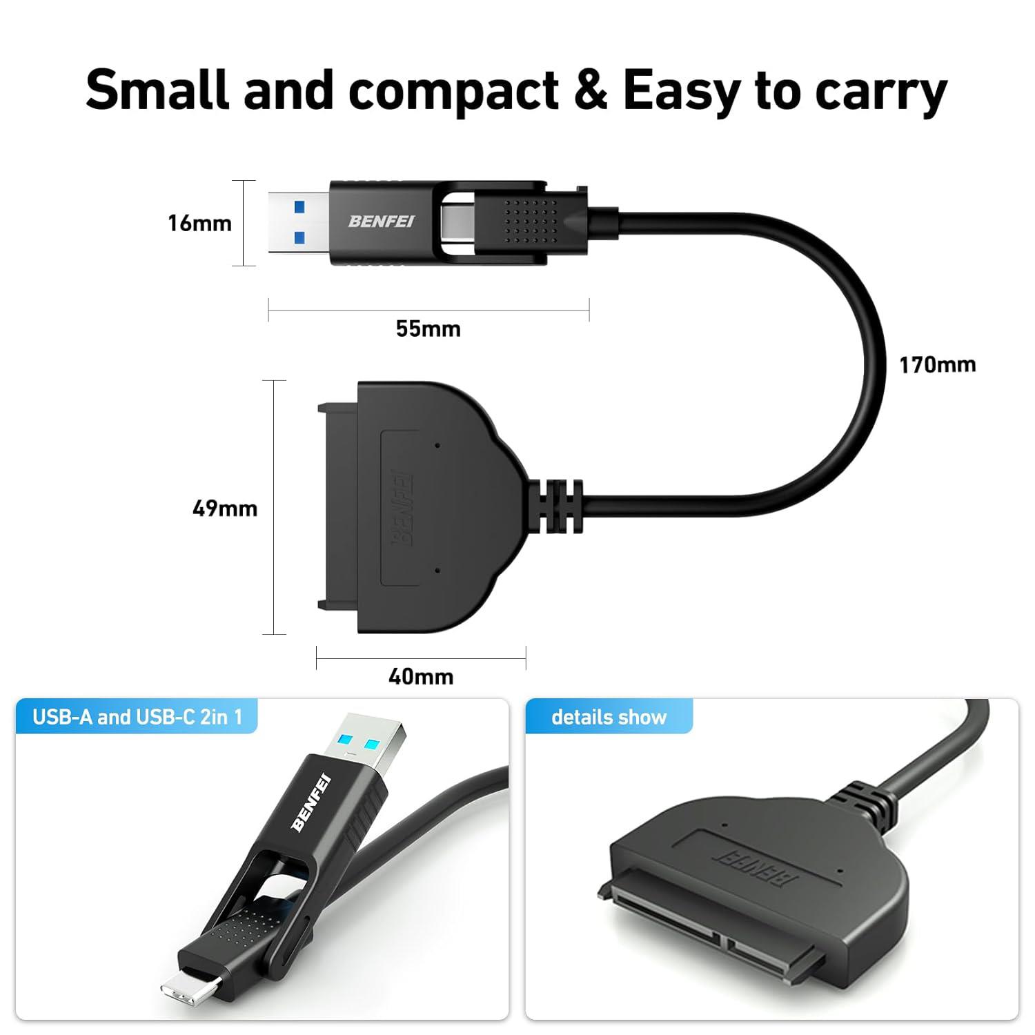 BENFEI SATA - USB Kablo | 2si 1 Arada USB-C / USB 3.0 - SATA III Dönüştürücü | 2.5 inç HDD ve SSD ile Uyumlu