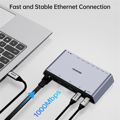 BENFEI DisplayLink 12si 1 Arada USB 3.0 Evrensel Docking Station | Çift HDMI Ekran, 6×USB Girişi, SD/TF Kart Okuyucu, Gigabit Ethernet, 3.5mm Ses Girişi | Windows, macOS ile Uyumlu
