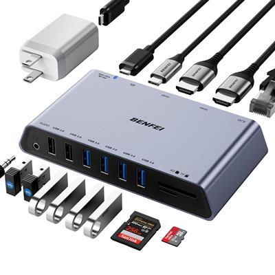 BENFEI DisplayLink 12si 1 Arada USB 3.0 Evrensel Docking Station | Çift HDMI Ekran, 6×USB Girişi, SD/TF Kart Okuyucu, Gigabit Ethernet, 3.5mm Ses Girişi | Windows, macOS ile Uyumlu